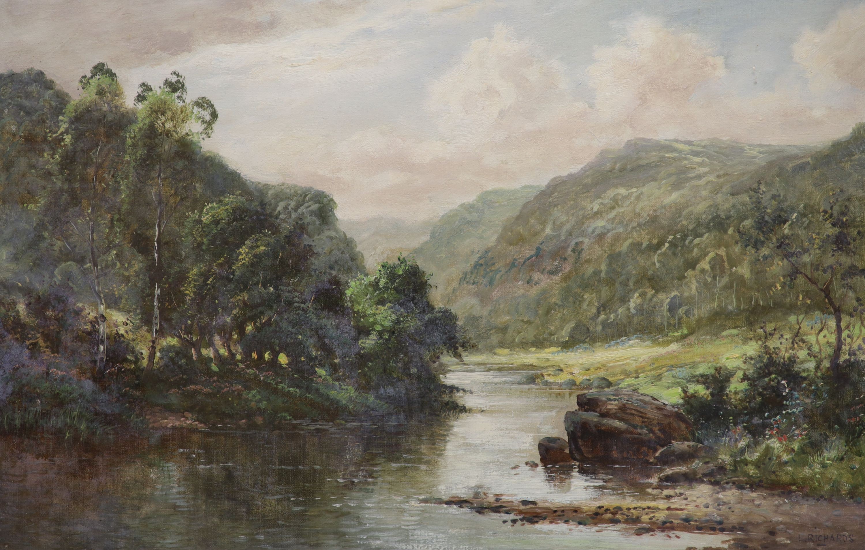 L. Richards (Jamieson), pair of oils on canvas, Scottish river landscapes, signed, 40 x 60cm